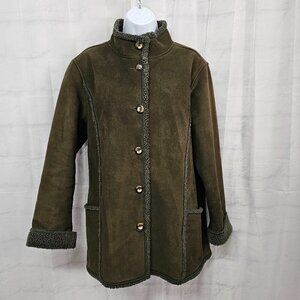 Vintage L.L. Bean Olive Green Faux Shearling Coat Preppy Retro L